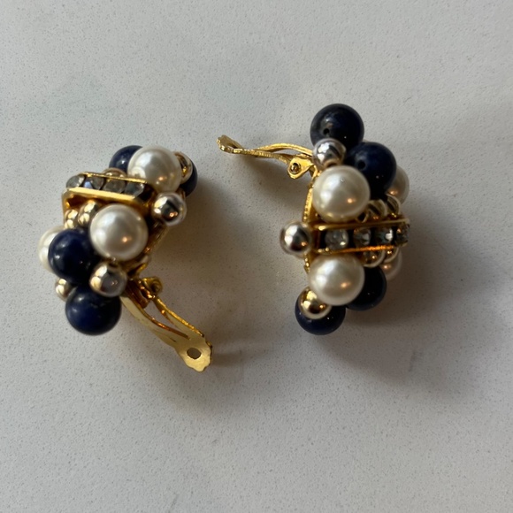 Vintage Faux Pearl Lapis and Rhinestone Cluster Clip Earrings - Picture 3 of 4